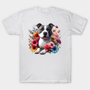 A staffordshire bull terrier decorated with beautiful colorful flowers. T-Shirt